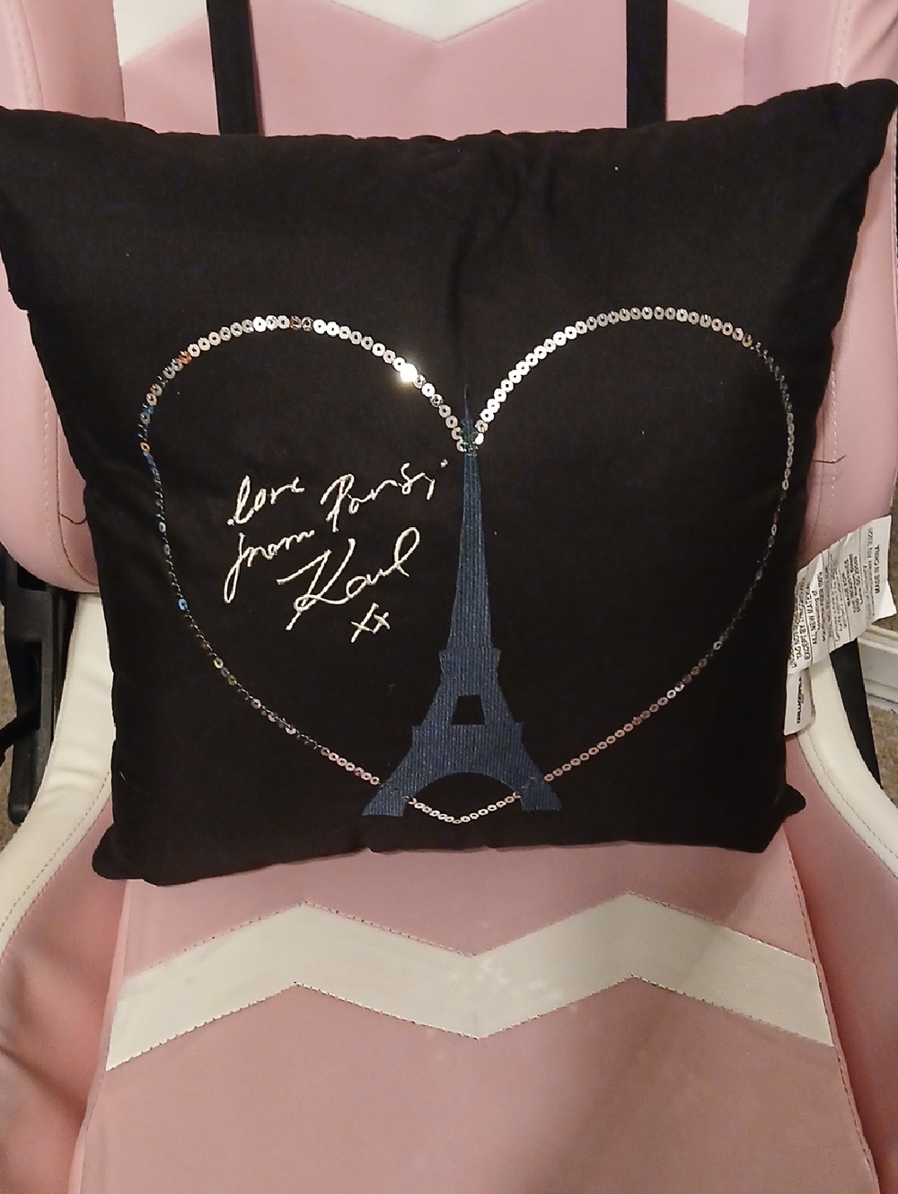 Karl Lagerfeld Black Pillow with Silver Sequin Heart and Blue Eiffel Tower